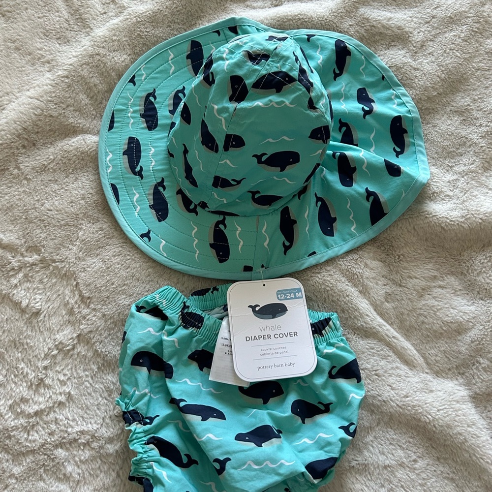 Pottery barn diaper cover and sun hat